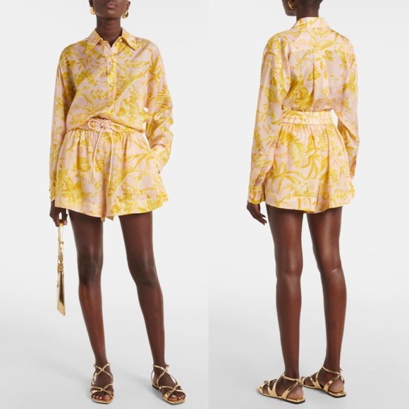 Zimmermann Golden Relaxed Floral Silk Shorts Light Pink Yellow US 6 NWT